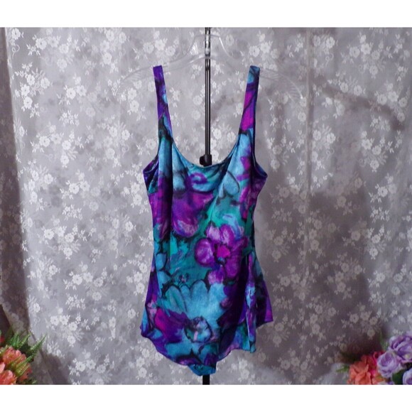Vintage 80s Swimsuit 1980s Blue Purple Floral Tropical Jantzen One Piece Size 16 - Picture 1 of 8